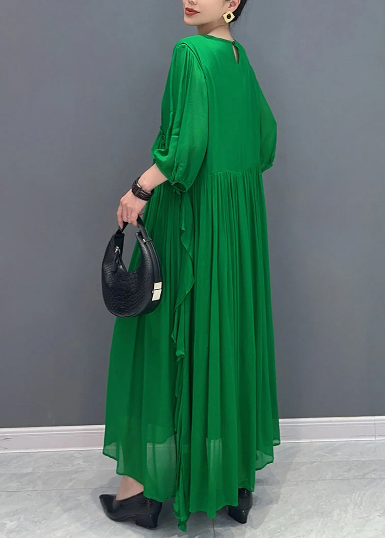 Handmade Green O-Neck Ruffled Wrinkled Vacation Chiffon Maxi Dresses Lantern Sleeve - Image 5