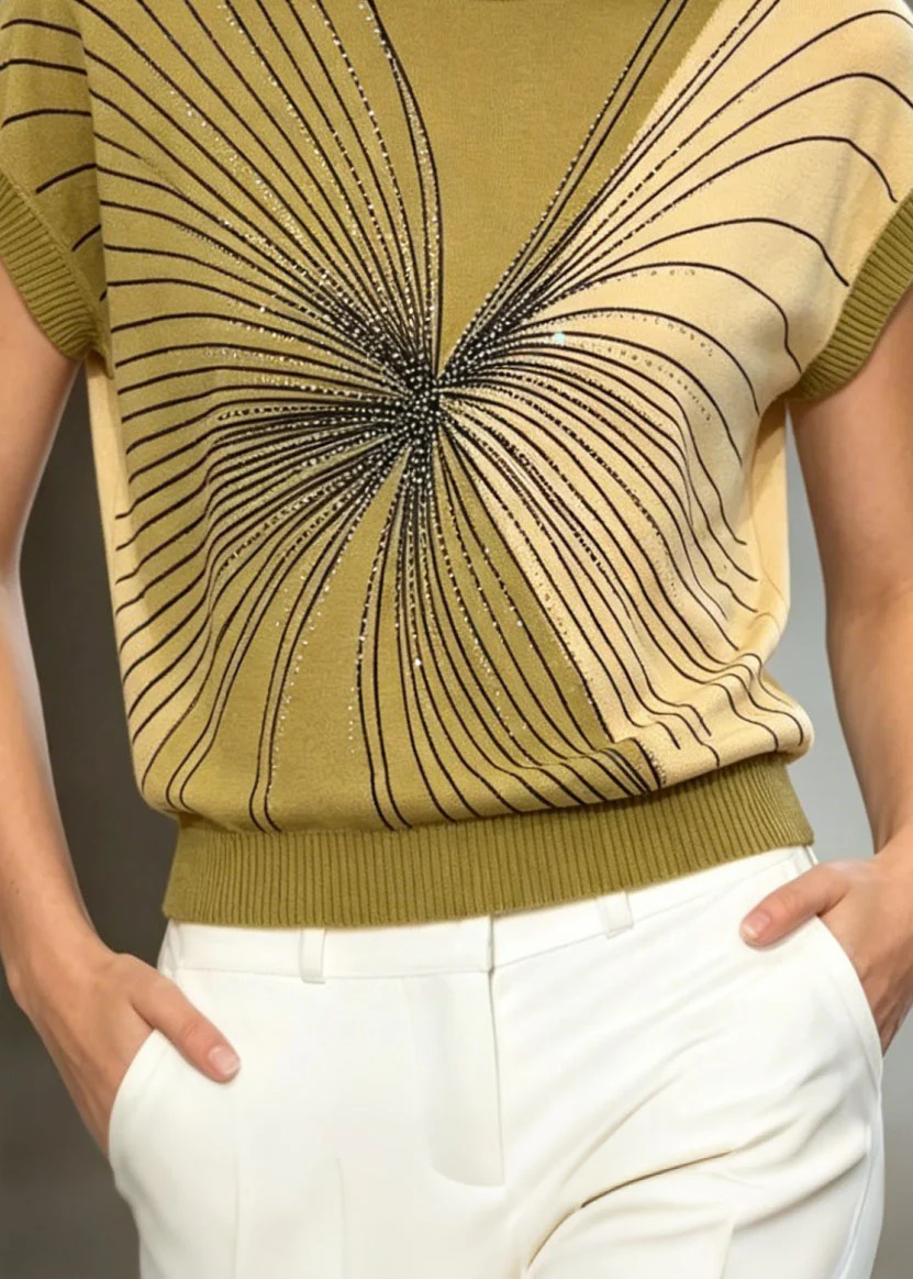 Handmade Green O Neck Zircon Ice Silk Knit Top Summer - Image 4