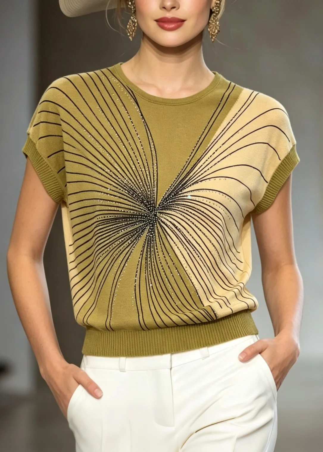 Handmade Green O Neck Zircon Ice Silk Knit Top Summer - Image 5