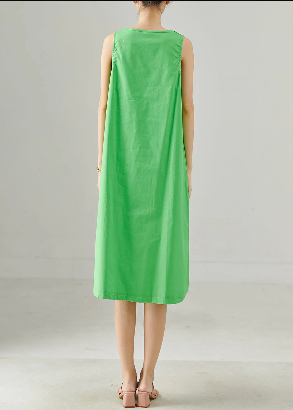 Handmade Green Oversized Pockets Cotton Tea Dresses Sleeveless - Image 4