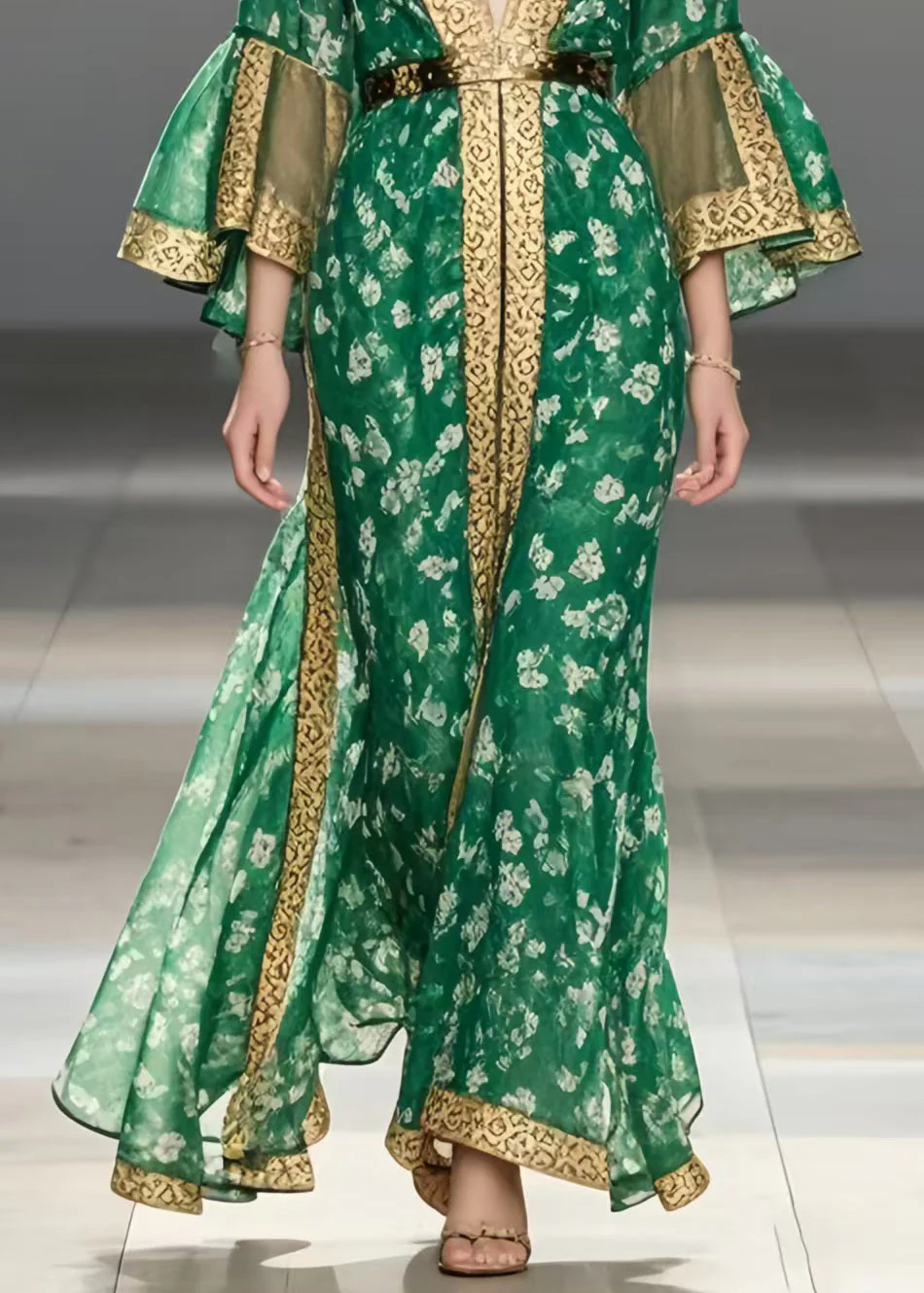 Handmade Green Print Chiffon Ankle Dress Flare Sleeve - Image 4
