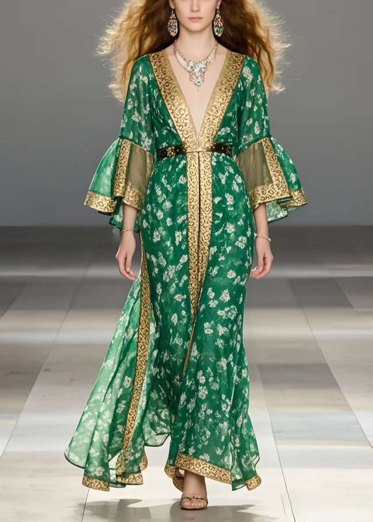 Handmade Green Print Chiffon Ankle Dress Flare Sleeve - Image 5