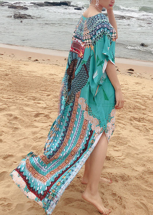 Handmade Green Print O-Neck side open Robe Summer Cotton Dress - Image 2