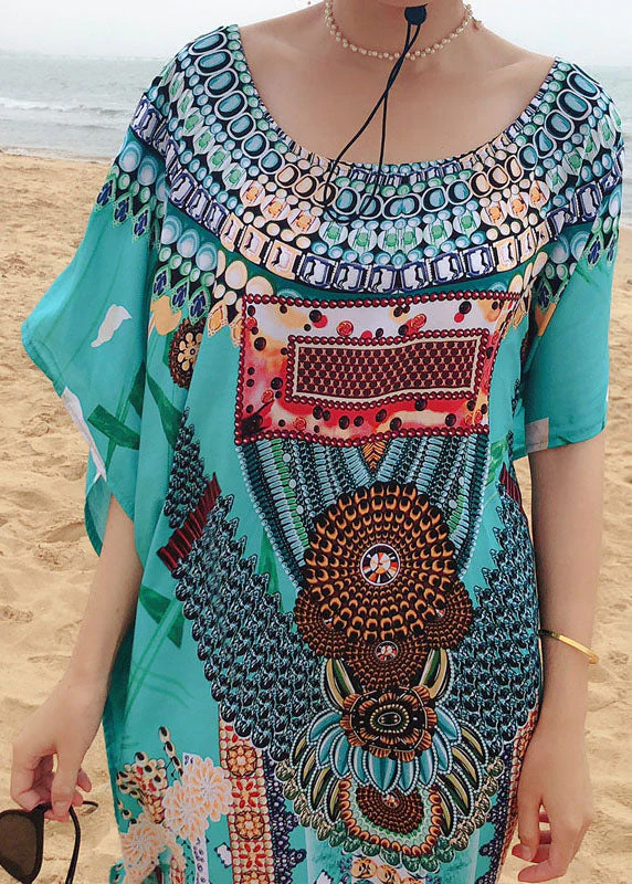 Handmade Green Print O-Neck side open Robe Summer Cotton Dress - Image 3