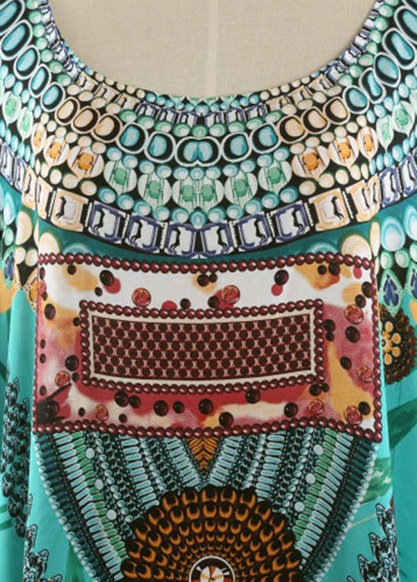 Handmade Green Print O-Neck side open Robe Summer Cotton Dress - Image 5
