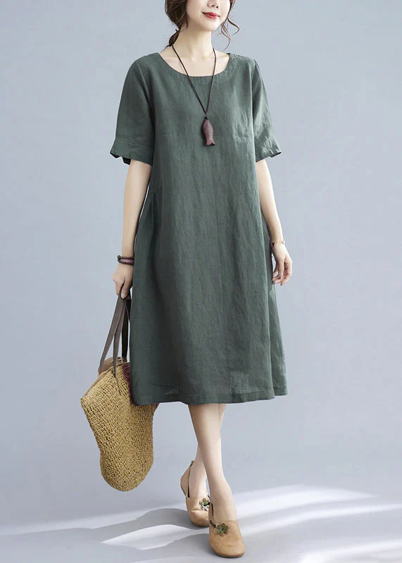 Handmade Green Solid Wrinkled Linen Vacation Dresses Short Sleeve - Image 2