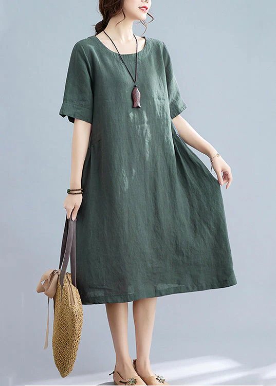 Handmade Green Solid Wrinkled Linen Vacation Dresses Short Sleeve - Image 3