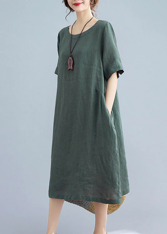 Handmade Green Solid Wrinkled Linen Vacation Dresses Short Sleeve - Image 4