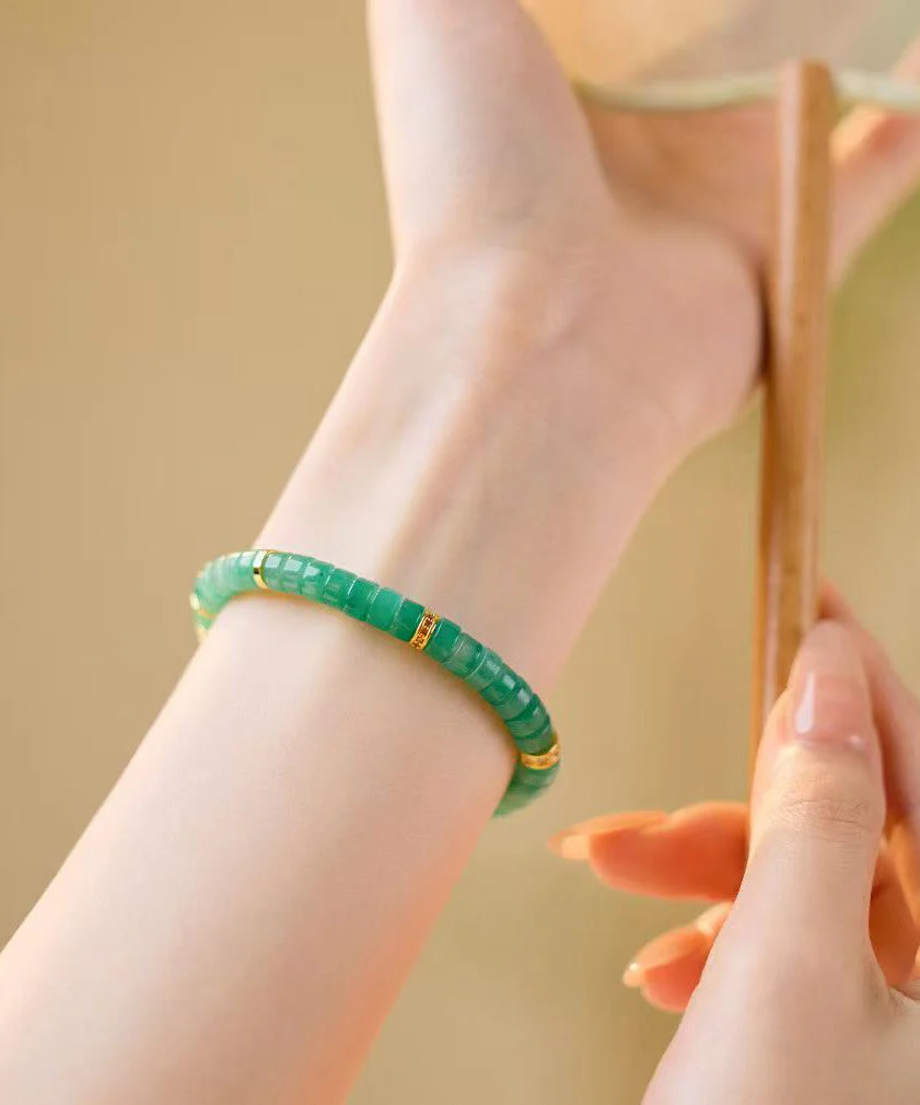 Handmade Green Sterling Silver Alloy Jade Beading Chain Bracelet - Image 2