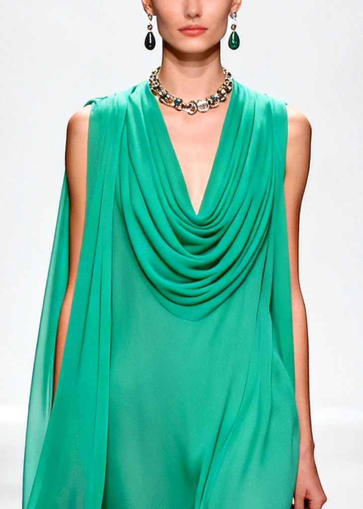 Handmade Green Turtle Neck Patchwork Flower Chiffon Dress Summer - Image 2