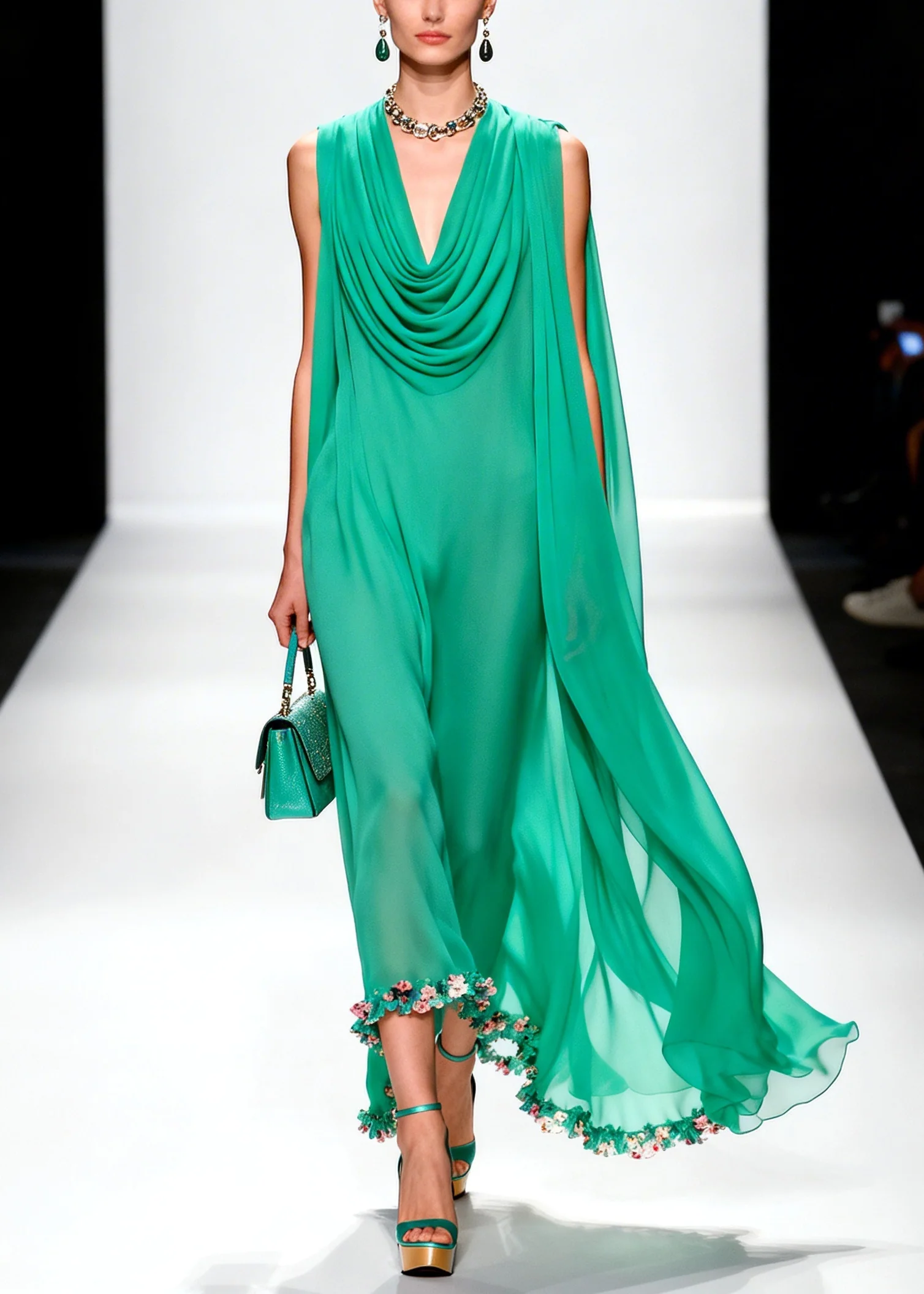 Handmade Green Turtle Neck Patchwork Flower Chiffon Dress Summer - Image 3