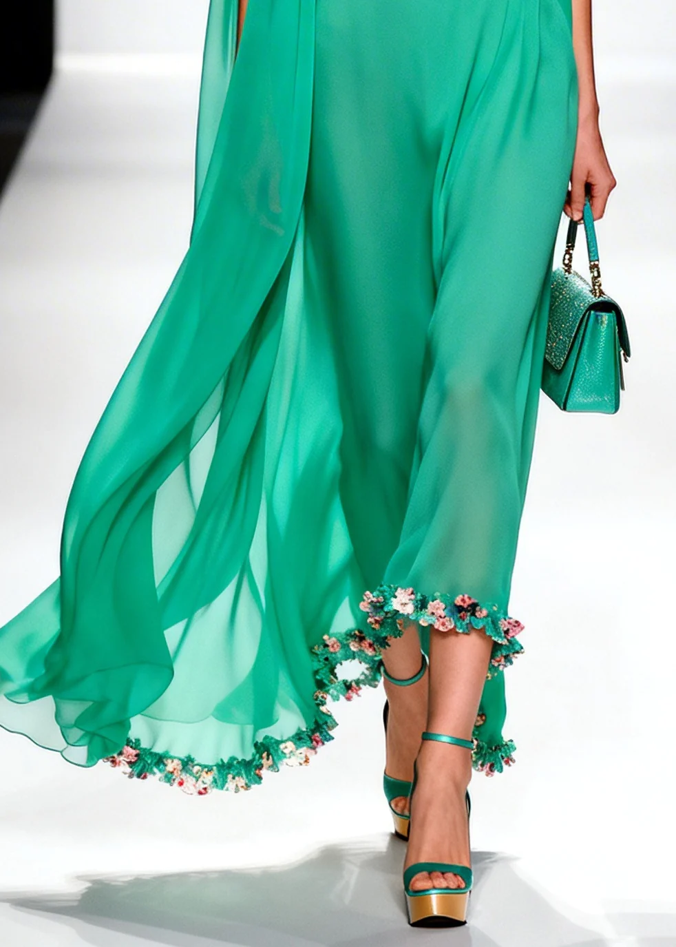 Handmade Green Turtle Neck Patchwork Flower Chiffon Dress Summer - Image 4