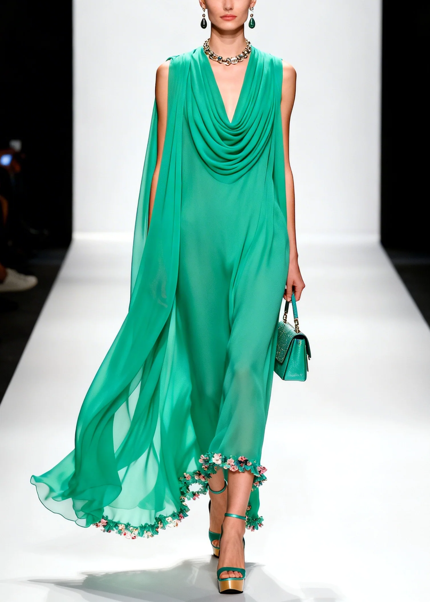 Handmade Green Turtle Neck Patchwork Flower Chiffon Dress Summer - Image 5