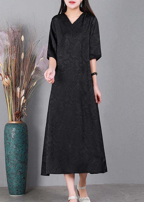 Handmade Green V Neck Jacquard 2025 Silk Long Dress Half Sleeve - Image 3
