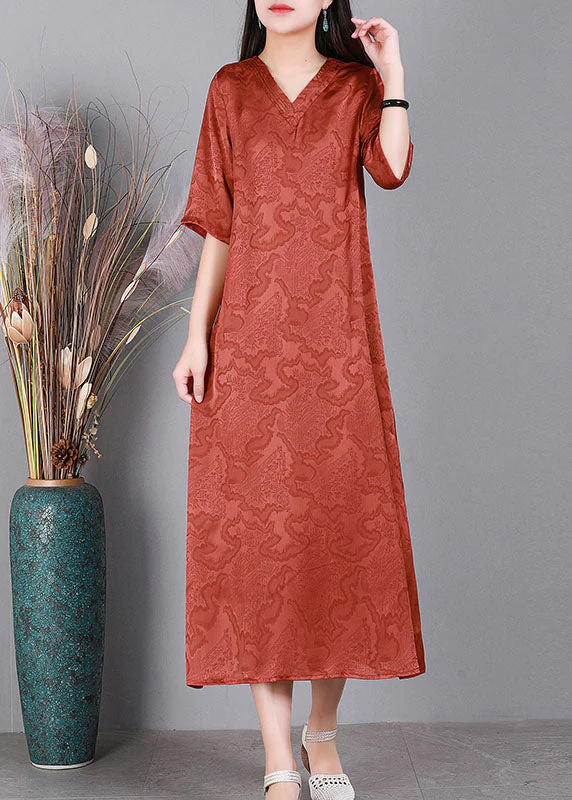 Handmade Green V Neck Jacquard 2025 Silk Long Dress Half Sleeve - Image 4