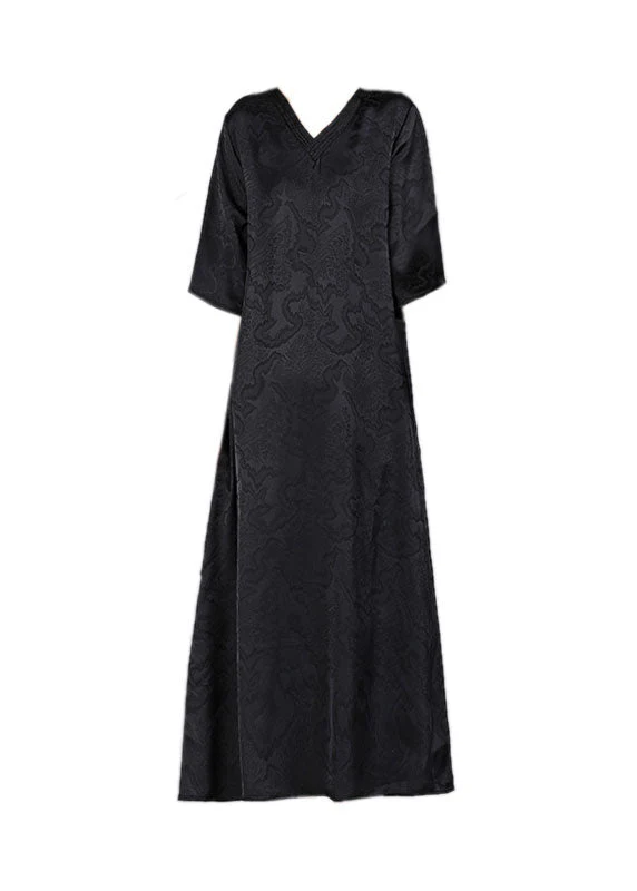 Handmade Green V Neck Jacquard 2025 Silk Long Dress Half Sleeve - Image 5
