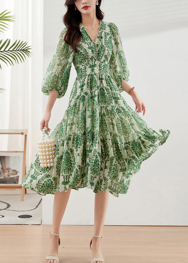 Handmade Green V Neck Print Chiffon Vacation Dresses Bracelet Sleeve - Image 2
