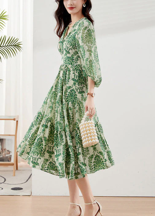 Handmade Green V Neck Print Chiffon Vacation Dresses Bracelet Sleeve - Image 3