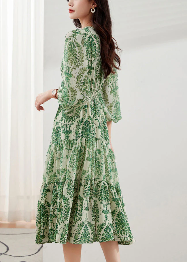 Handmade Green V Neck Print Chiffon Vacation Dresses Bracelet Sleeve - Image 4