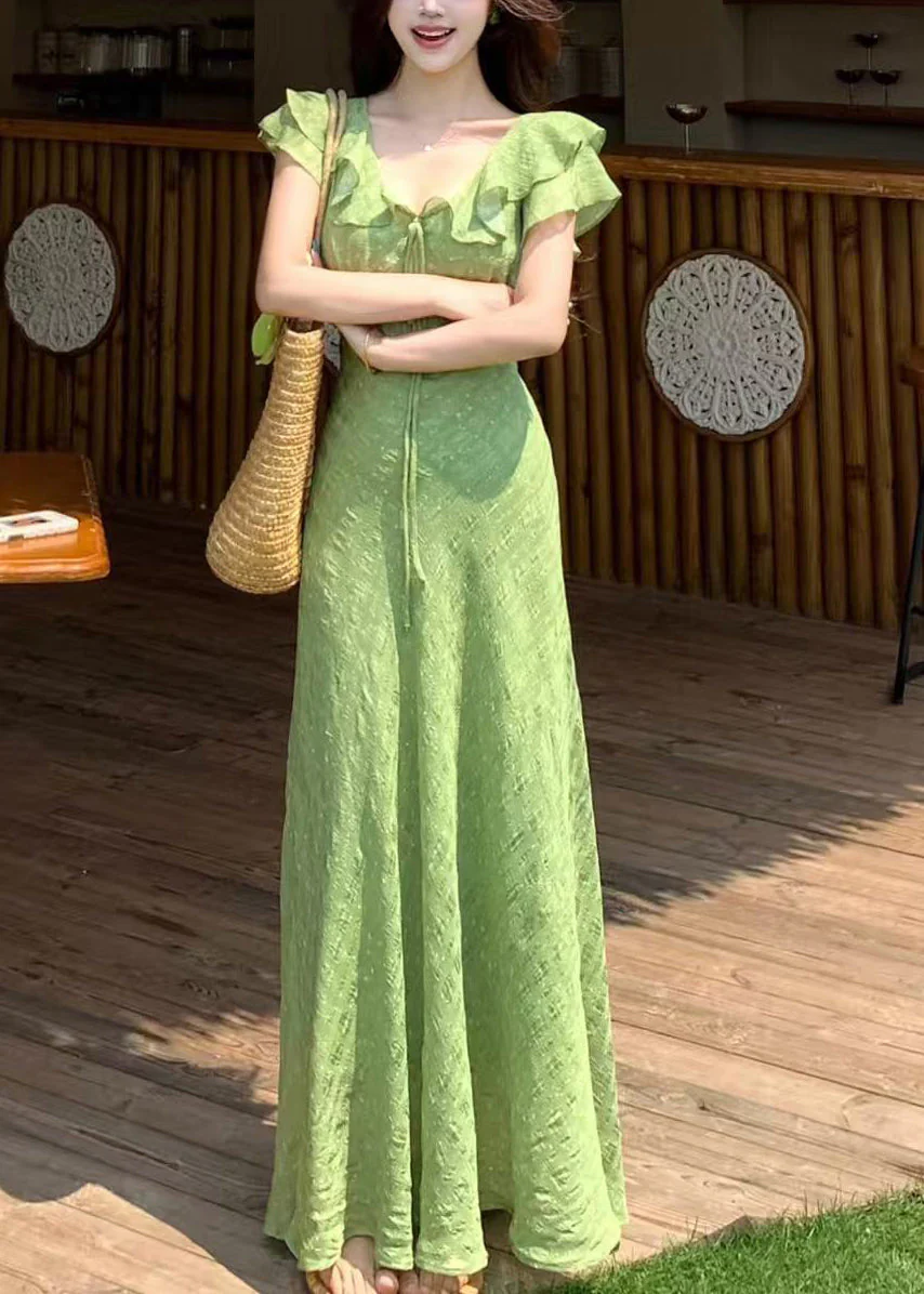 Handmade Green V Neck Tie Lace Print Maxi Dress Short Sleeve - Image 3