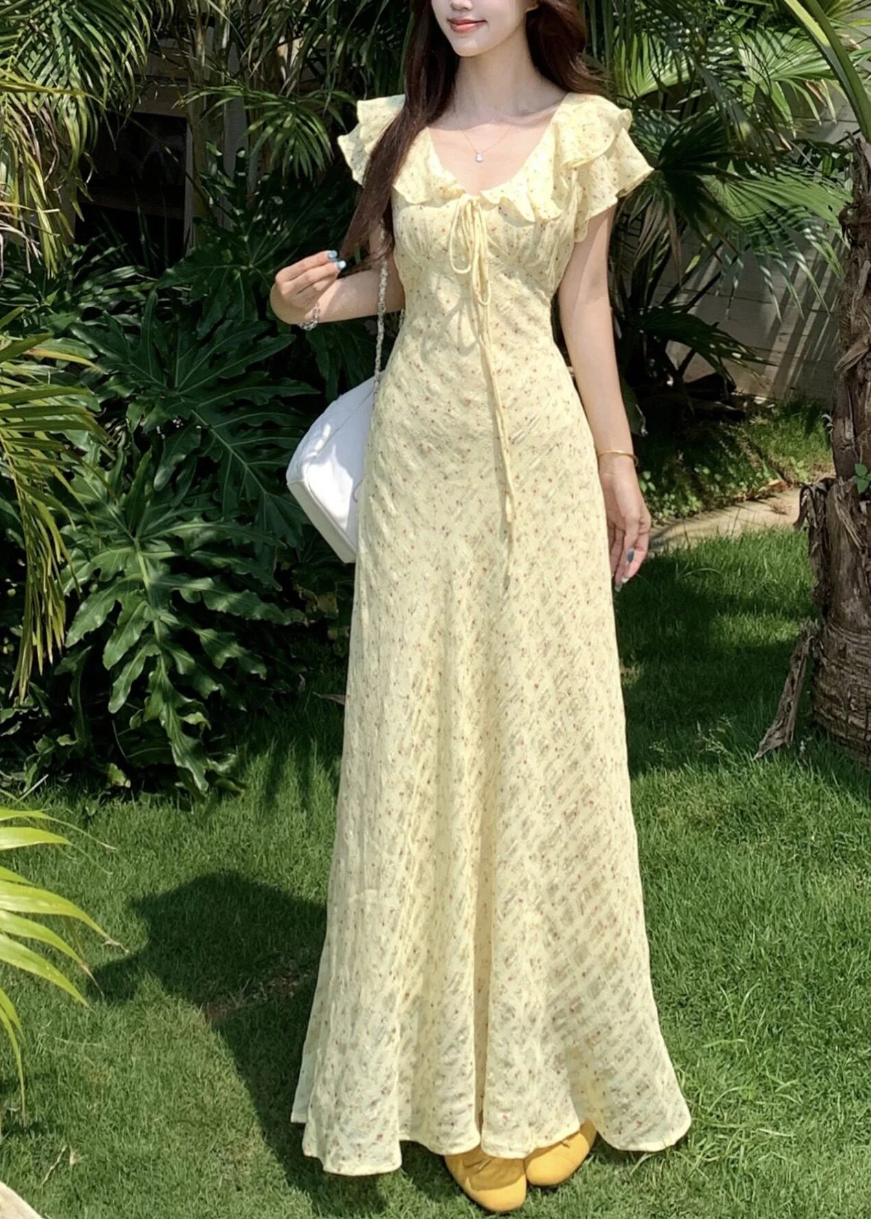 Handmade Green V Neck Tie Lace Print Maxi Dress Short Sleeve - Image 4