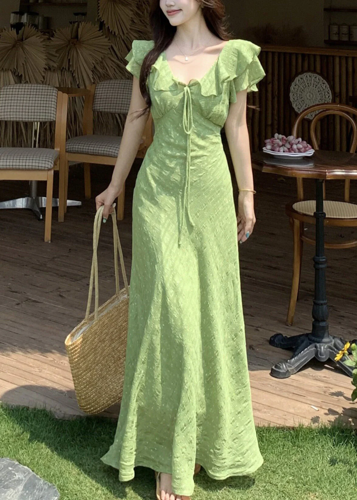 Handmade Green V Neck Tie Lace Print Maxi Dress Short Sleeve - Image 5