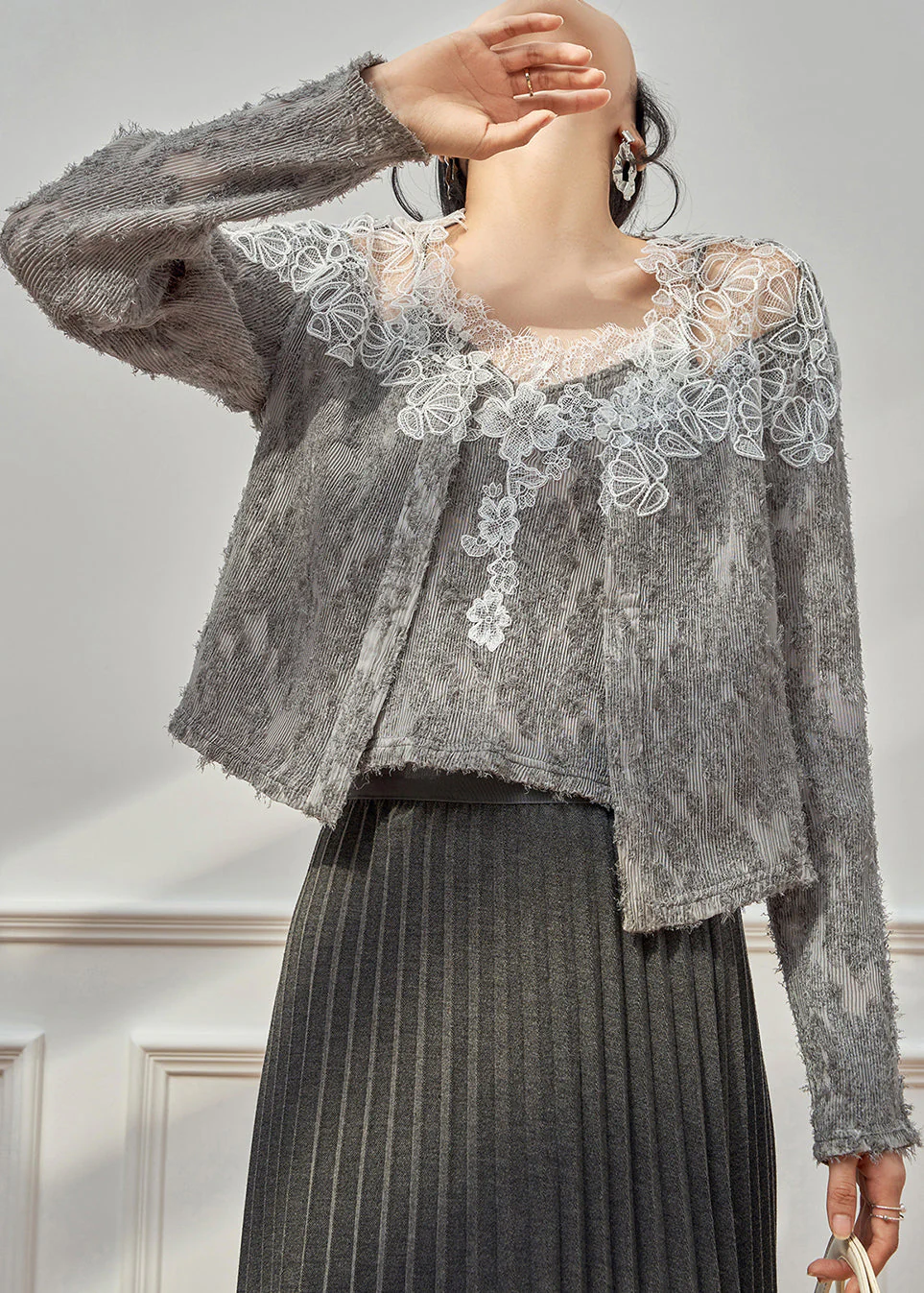 Handmade Grey Lace Patchwork Tank And Cardigans Knit Two Pieces Set Spring - Image 3