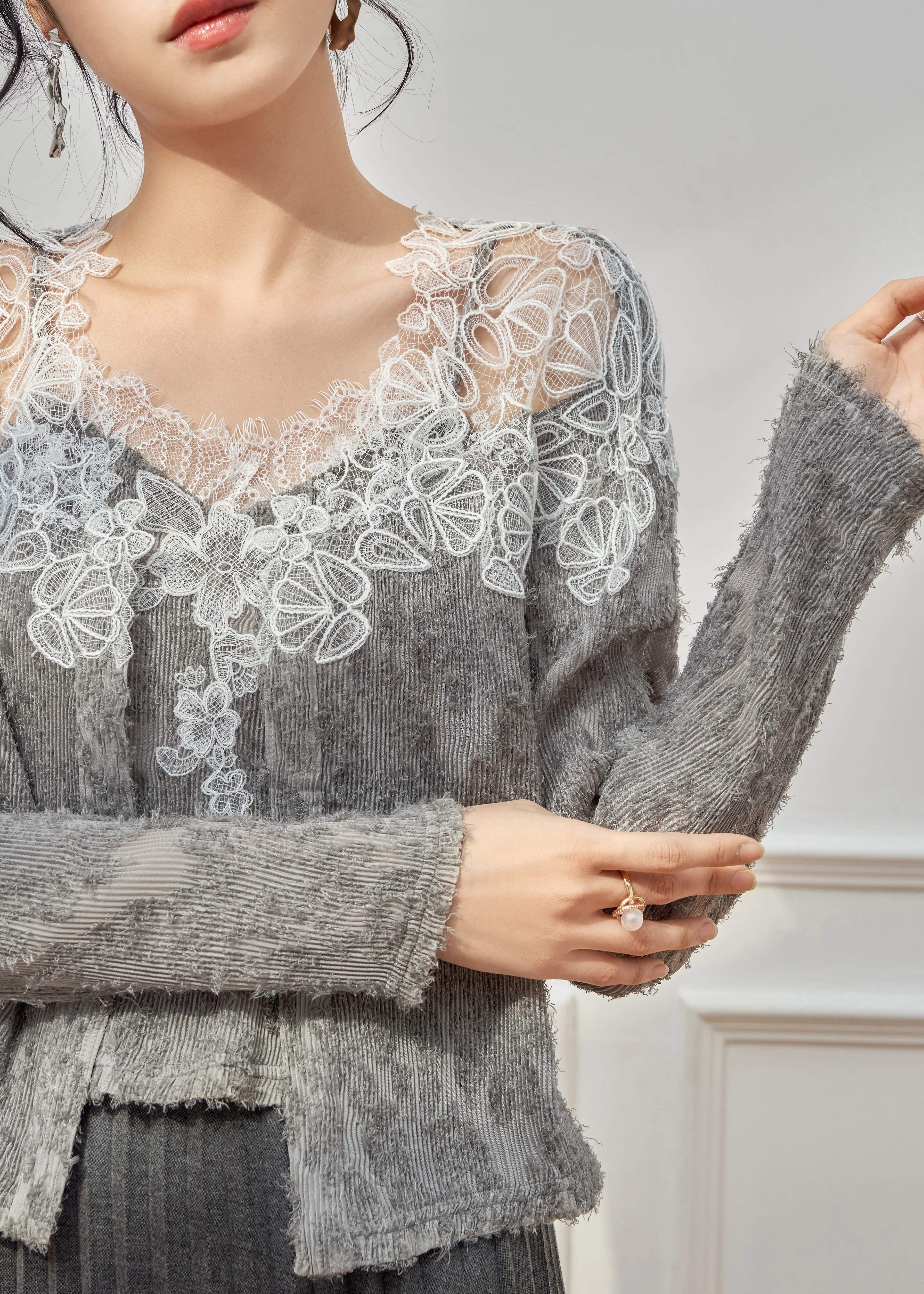 Handmade Grey Lace Patchwork Tank And Cardigans Knit Two Pieces Set Spring - Image 4