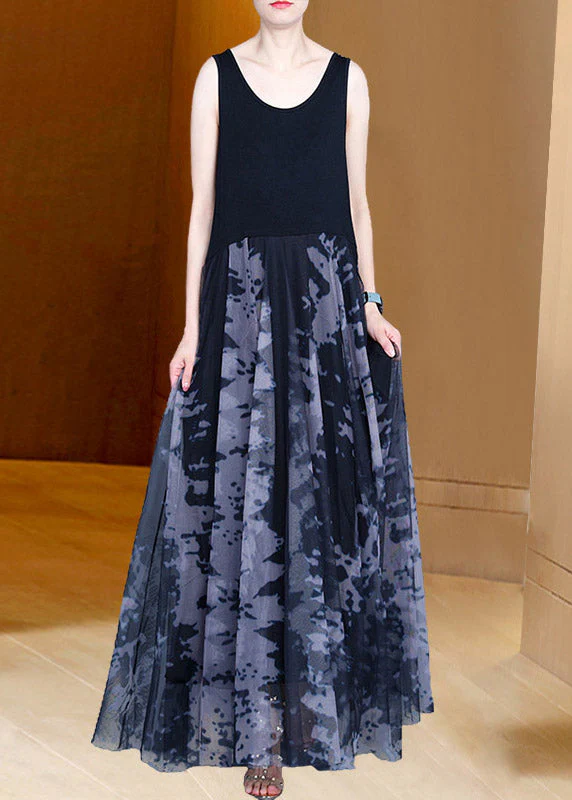 Handmade Grey O-Neck Print Patchwork Tulle Maxi Dresses Summer - Image 2