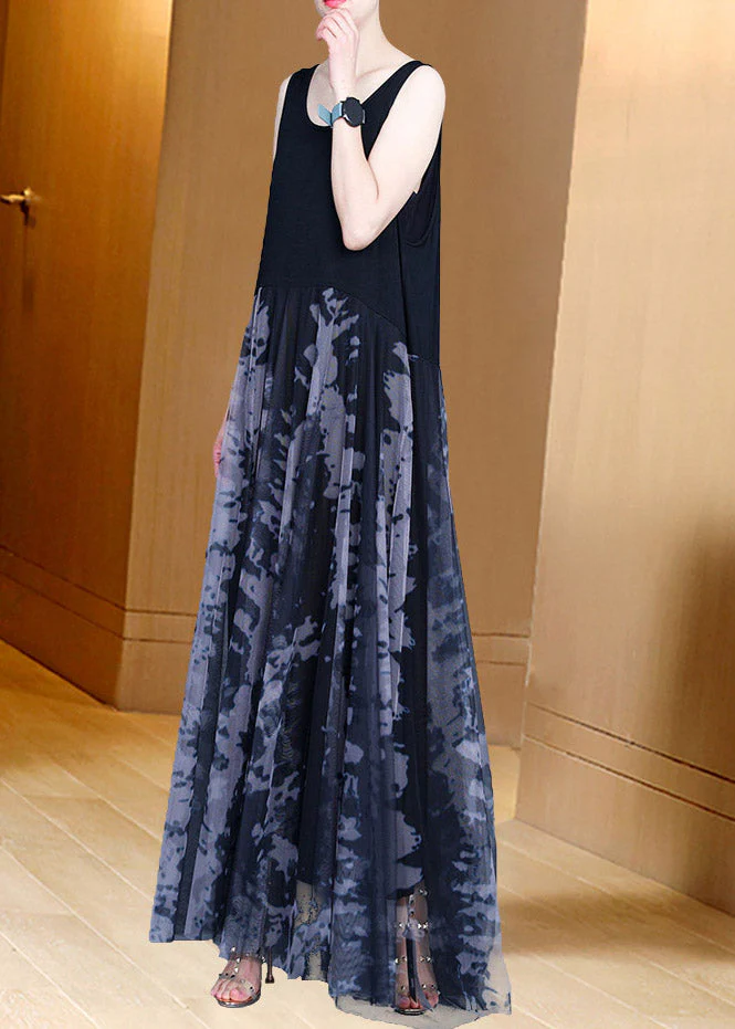 Handmade Grey O-Neck Print Patchwork Tulle Maxi Dresses Summer - Image 3