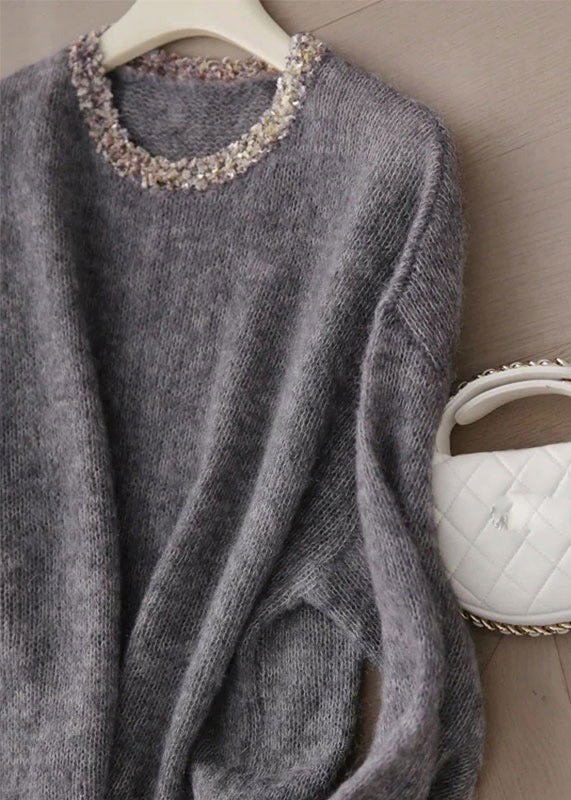 Handmade Grey O Neck Sequins Patchwork Cashmere Knit Pullover Spring - Image 2