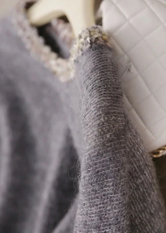 Handmade Grey O Neck Sequins Patchwork Cashmere Knit Pullover Spring - Image 3