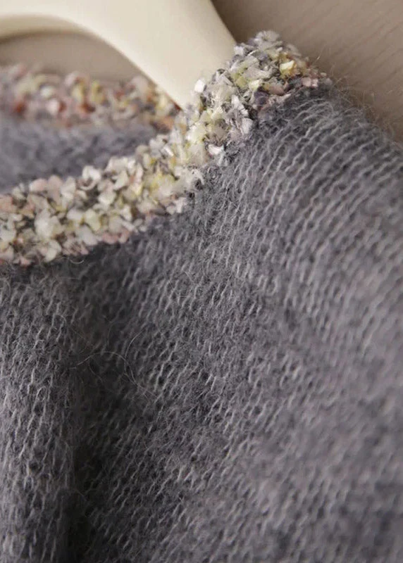 Handmade Grey O Neck Sequins Patchwork Cashmere Knit Pullover Spring - Image 5