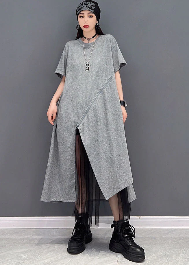 Handmade Grey O-Neck Tulle Patchwork Cotton Streetwear Dresses Short Sleeve - Image 2