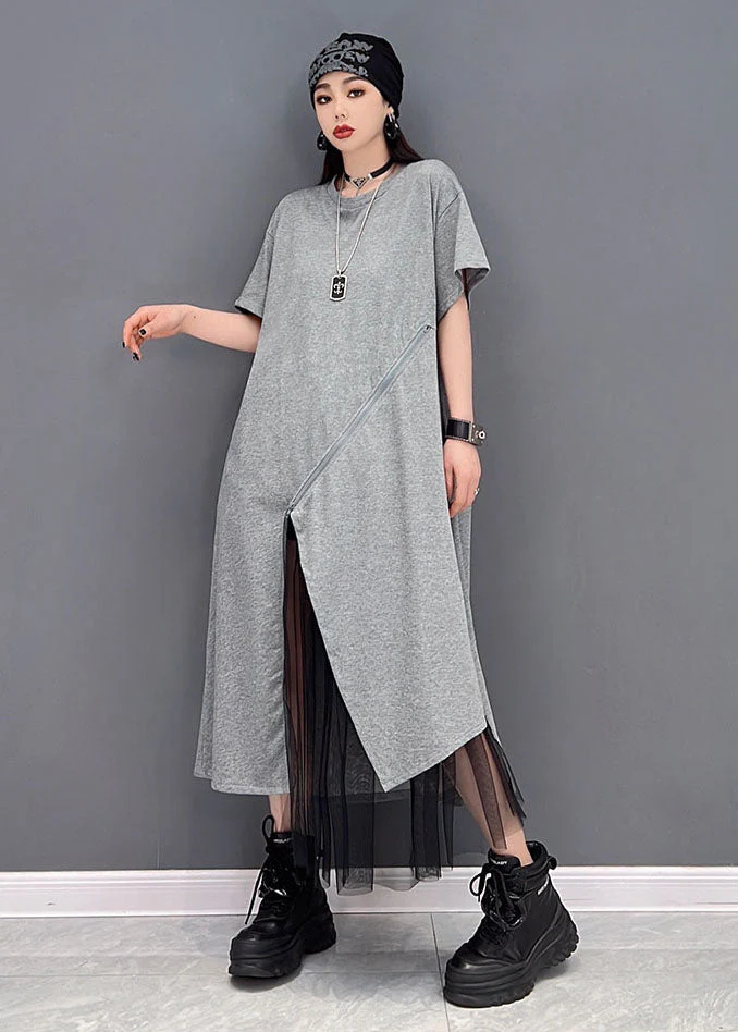 Handmade Grey O-Neck Tulle Patchwork Cotton Streetwear Dresses Short Sleeve - Image 3