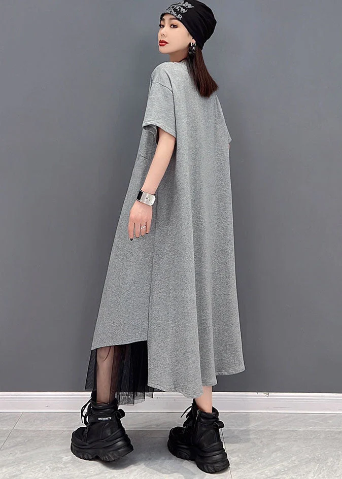 Handmade Grey O-Neck Tulle Patchwork Cotton Streetwear Dresses Short Sleeve - Image 4