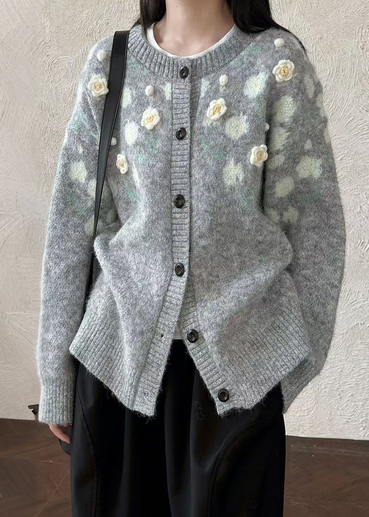 Handmade Grey Oversized Floral Knit Coats Winter - Image 2