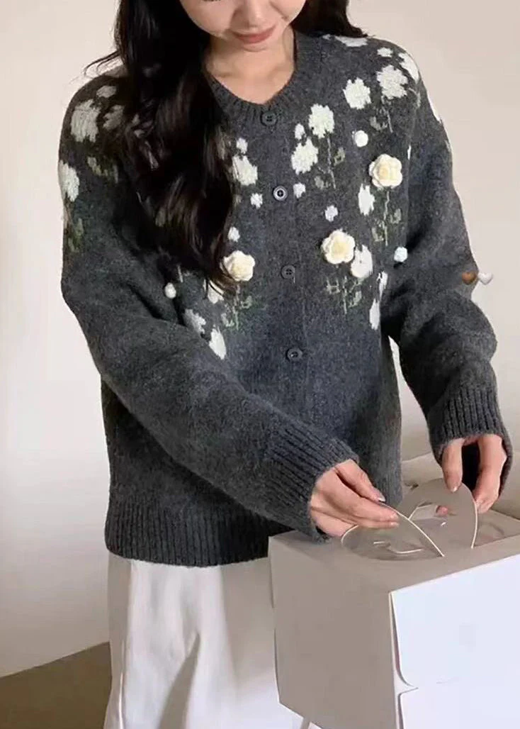 Handmade Grey Oversized Floral Knit Coats Winter - Image 3