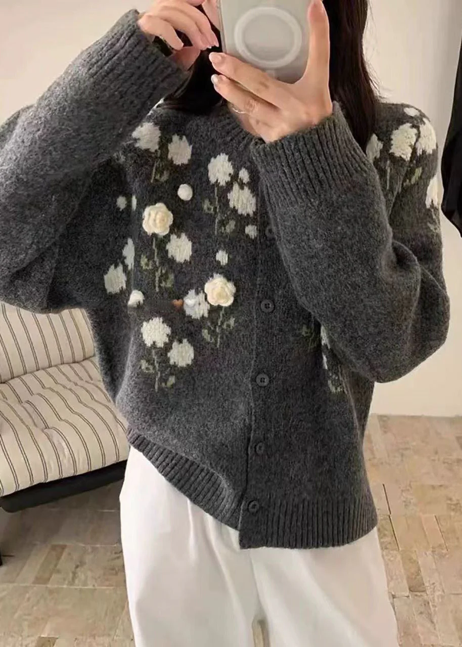 Handmade Grey Oversized Floral Knit Coats Winter - Image 4