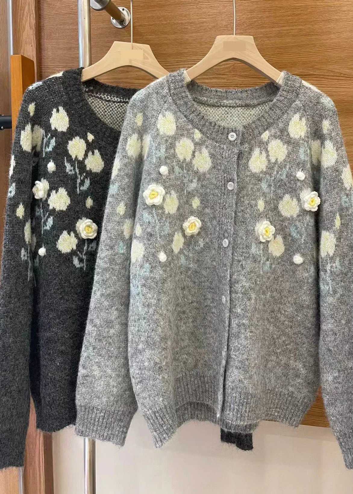 Handmade Grey Oversized Floral Knit Coats Winter - Image 5