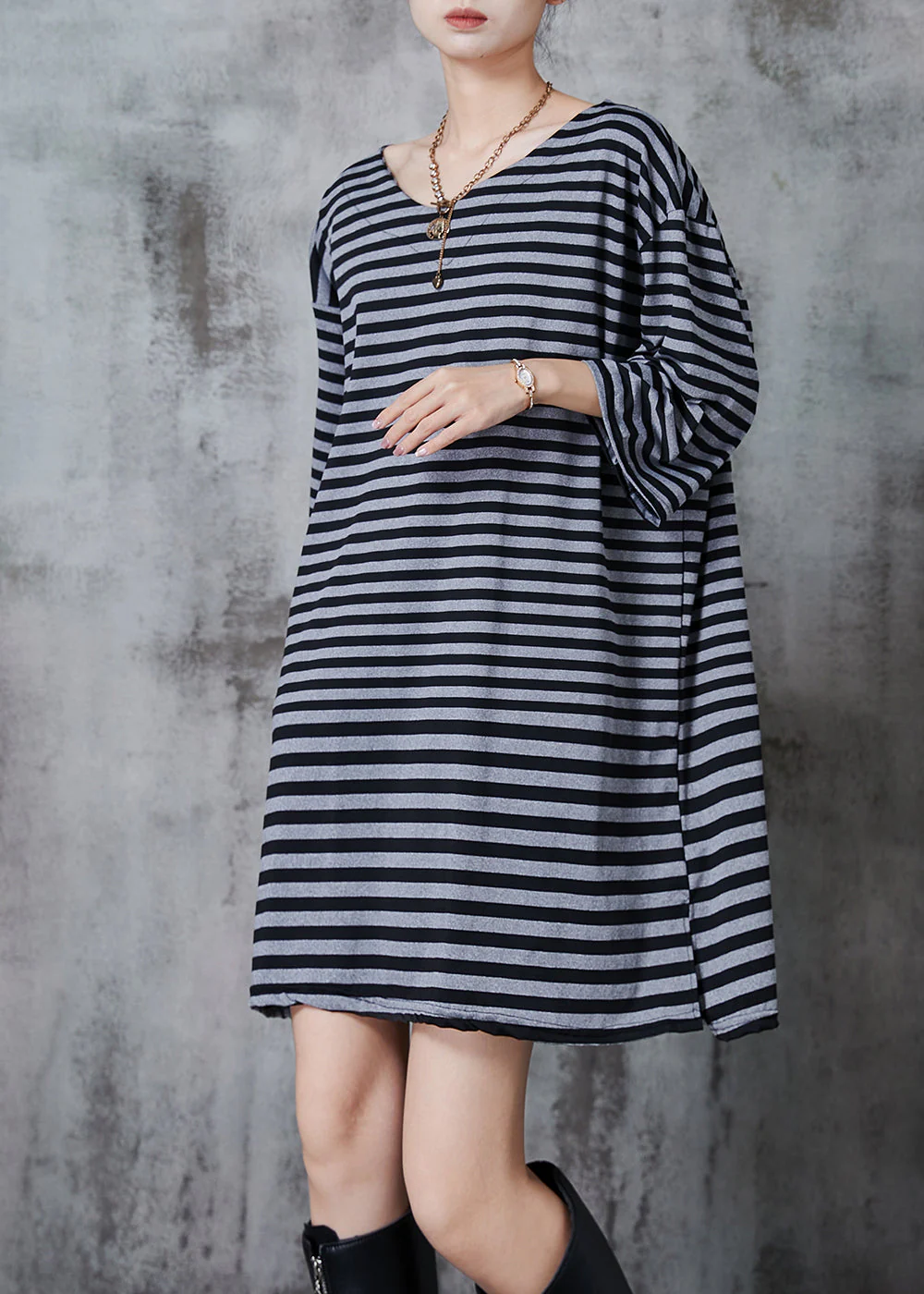 Handmade Grey Oversized Striped Cotton Vacation Dress Summer - Image 2