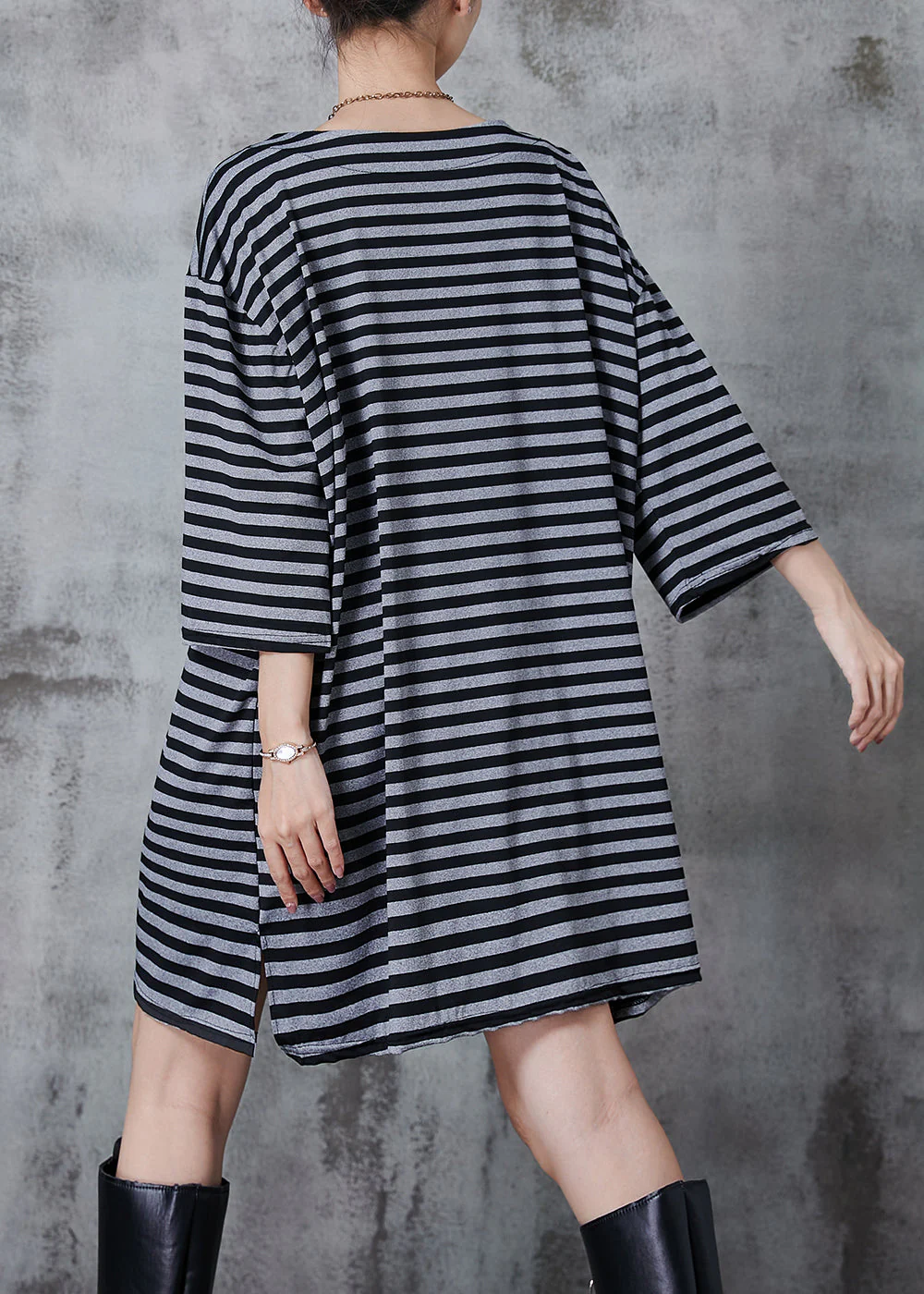 Handmade Grey Oversized Striped Cotton Vacation Dress Summer - Image 4