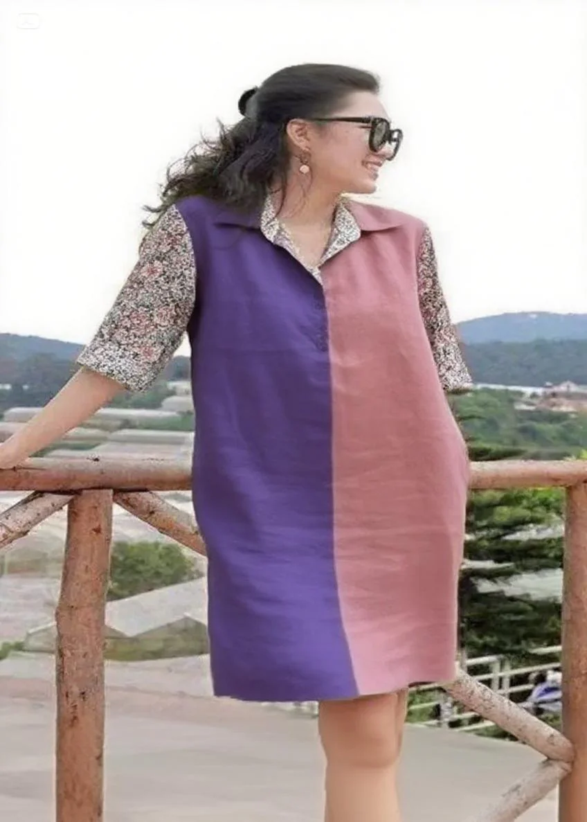 Handmade blue yellow Peter Pan Collar Patchwork Vacation Mid Dresses Summer - Image 4