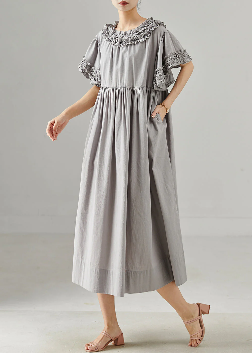 Handmade Grey Ruffled Cotton Dresses Summer - Image 3