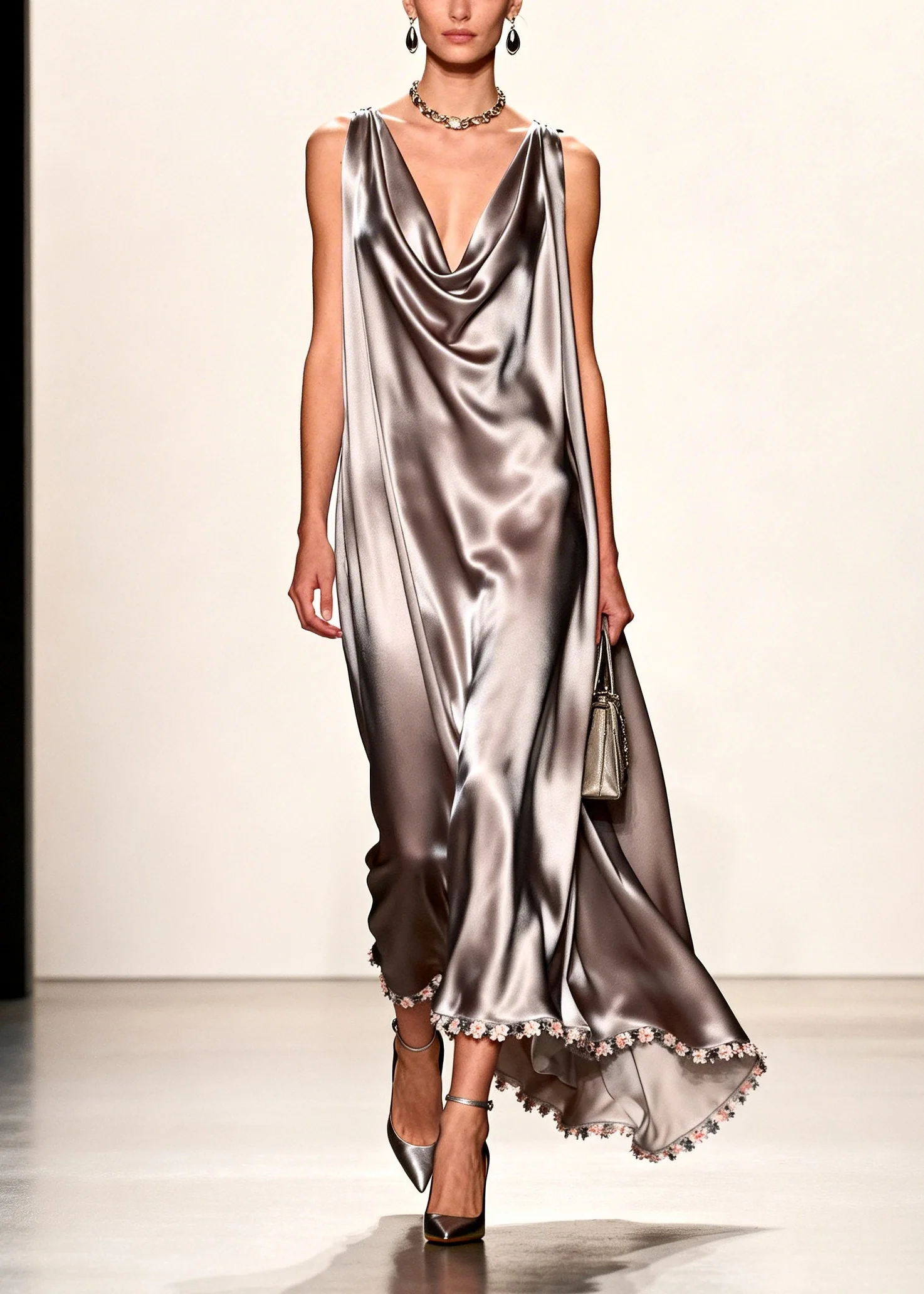 Handmade Grey V Neck Patchwork Flower Silk Maxi Dress Summer - Image 3