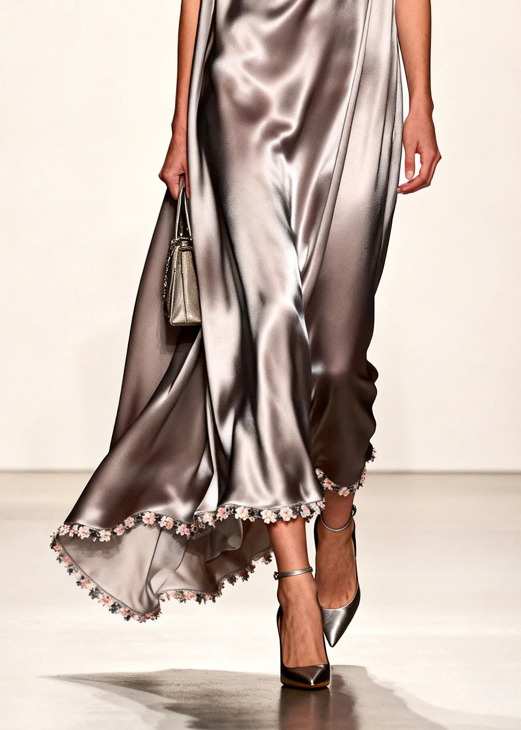 Handmade Grey V Neck Patchwork Flower Silk Maxi Dress Summer - Image 4