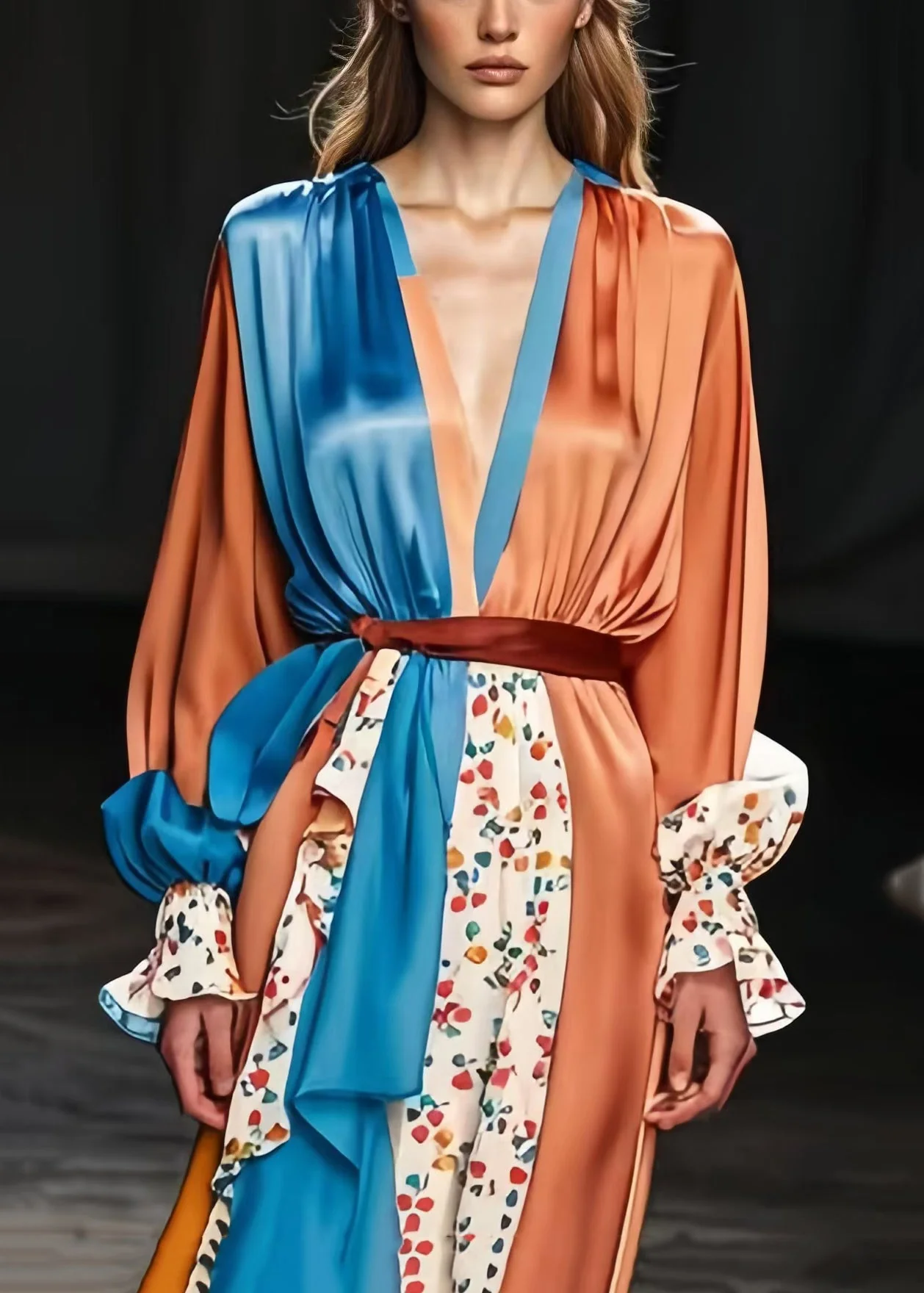 Handmade Khaki Cinched Patchwork Silk Maxi Dress Spring - Image 2