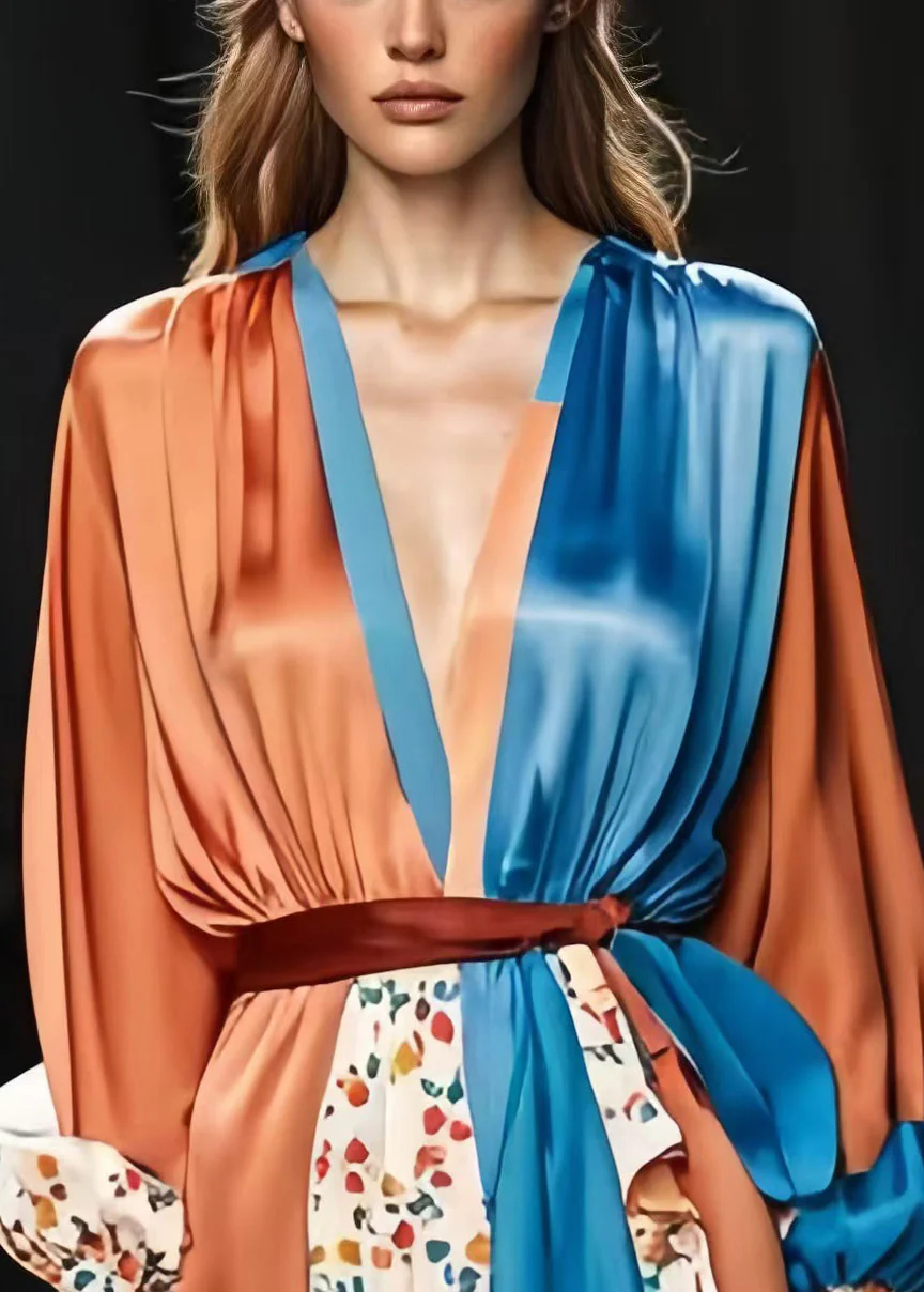 Handmade Khaki Cinched Patchwork Silk Maxi Dress Spring - Image 3