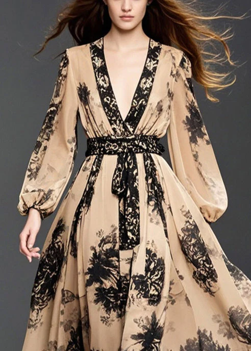 Handmade Khaki Cinched Print Chiffon Long Dresses Spring - Image 2