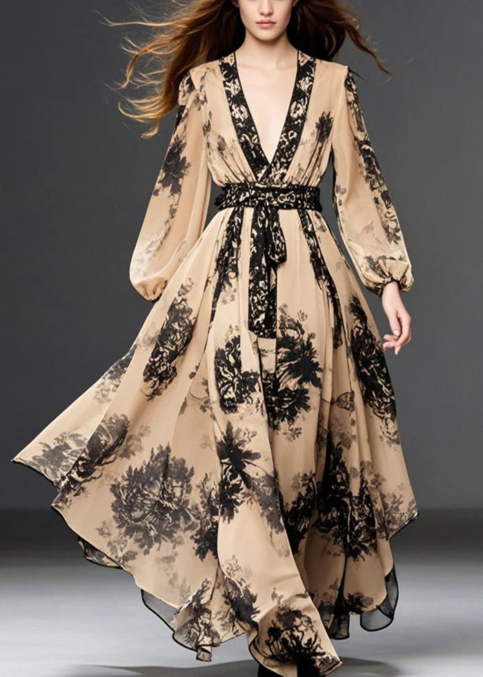 Handmade Khaki Cinched Print Chiffon Long Dresses Spring - Image 3